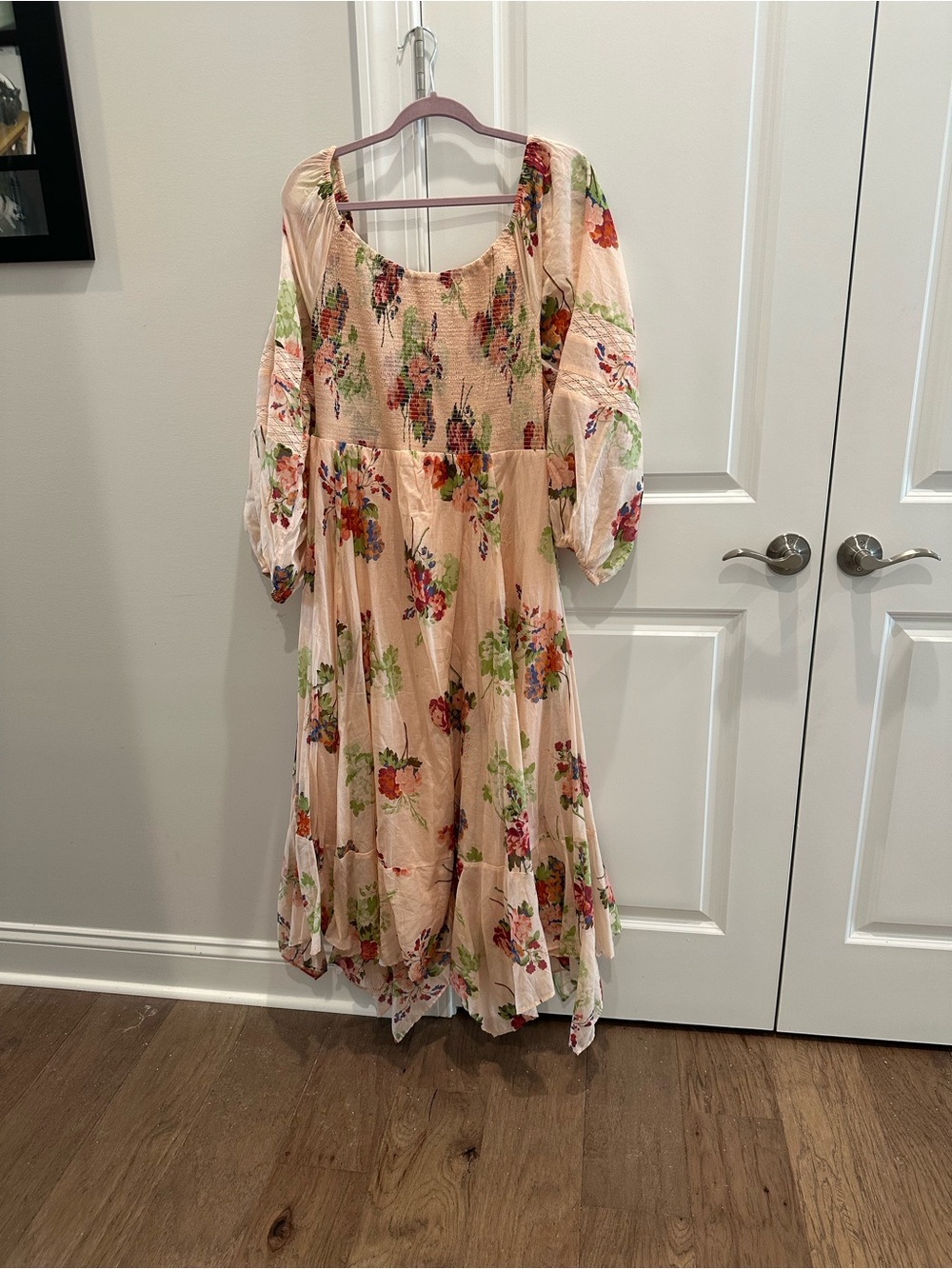 SOLD ON ANOTHER PLATFORM Free People Blush Pink Floral Puff-Sleeve Midi Dress